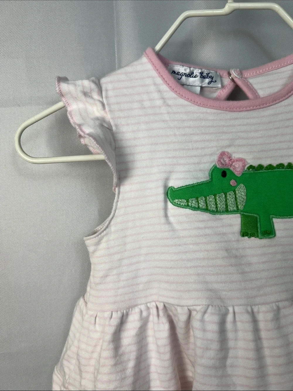 Magnolia Baby pink & white stripe  tiered dress with alligator appliqué 12 Mon